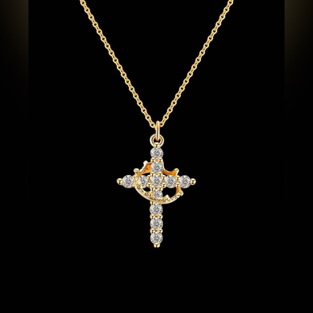 Gold Crown and Rhinestone Cross Necklace
